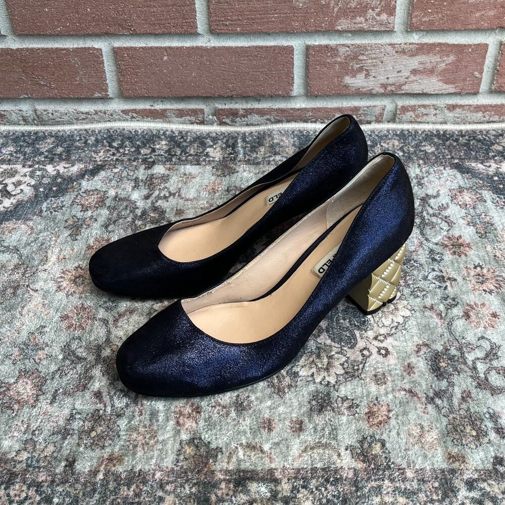 Karl Lagerfeld Paris Kole Pumps Navy Blue Shimmer Block Heel / Women's Size 8